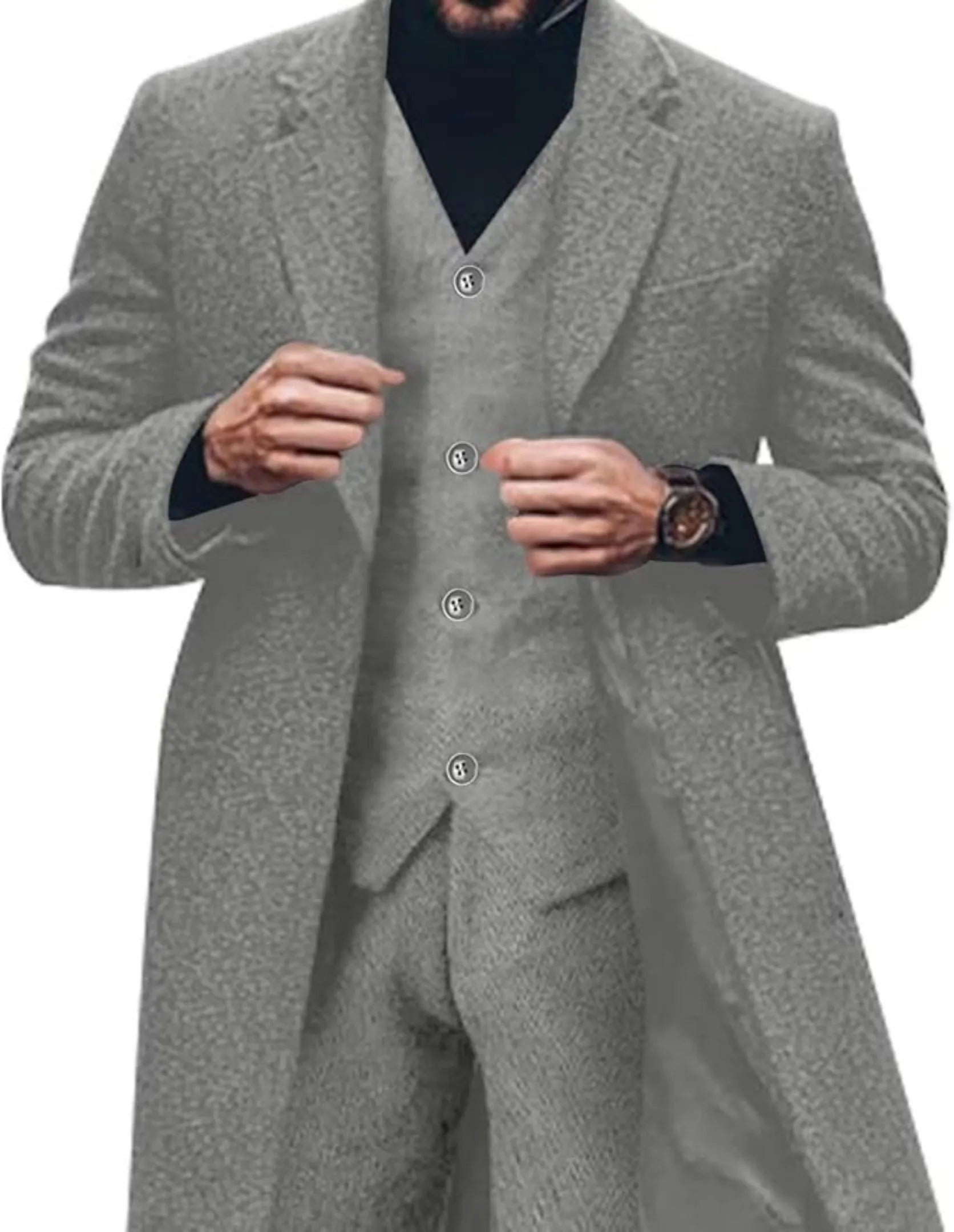 men's light gray tweed herringbone 3-piece suit, long blazer layered over vest and turtleneck, elegant winter outfit.