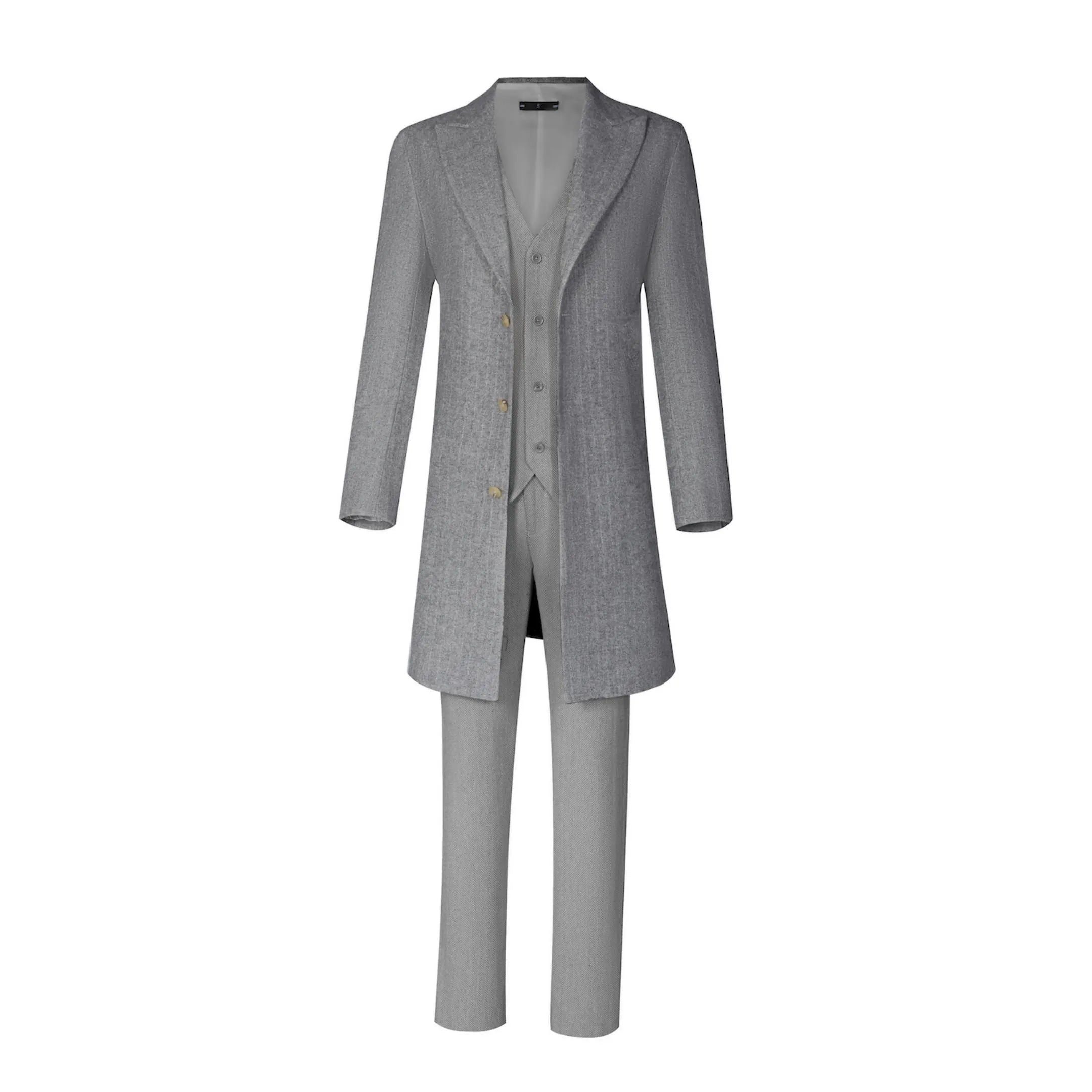 full set of men’s light gray herringbone tweed 3-piece suit with long blazer, displayed on mannequin for formal presentation.