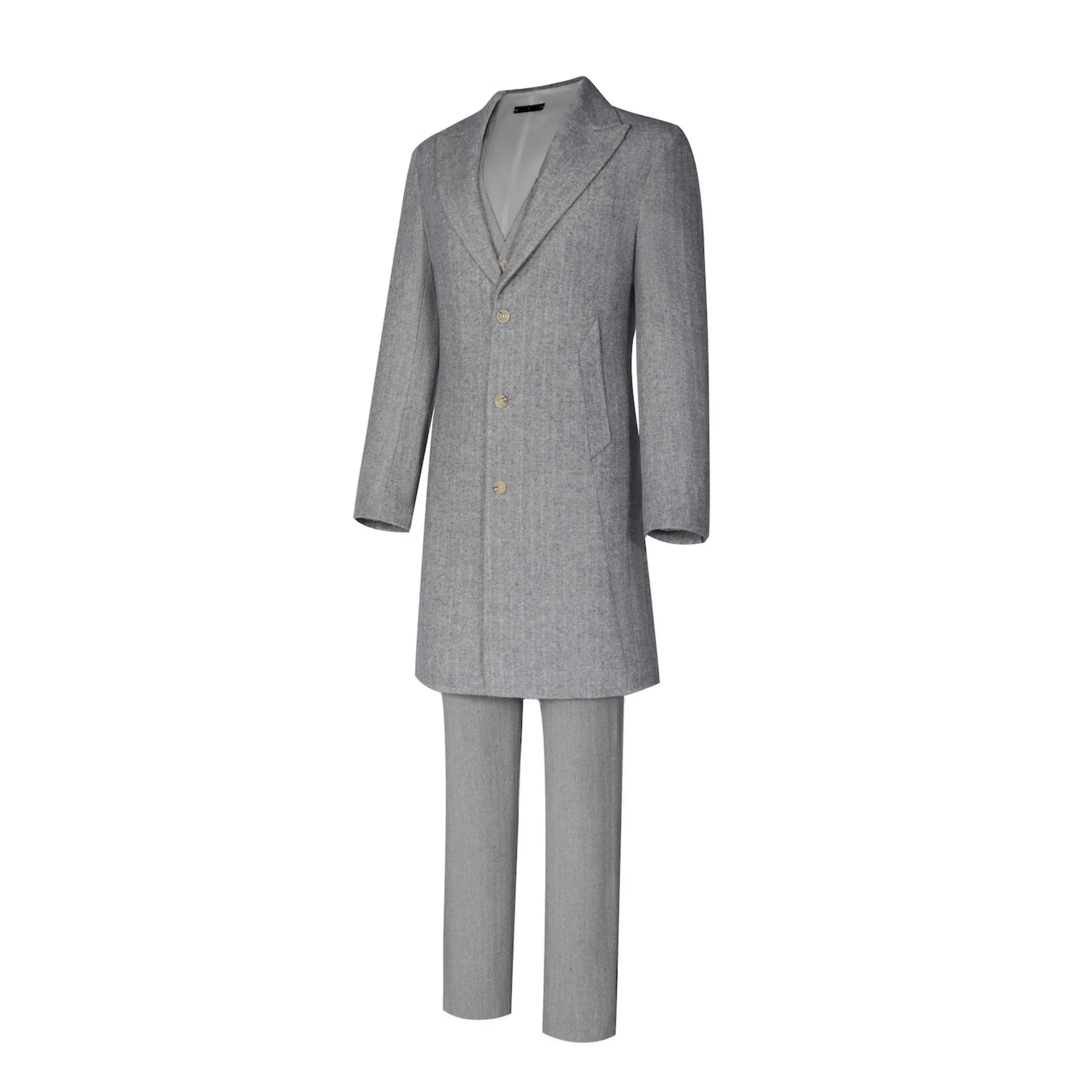 side angle view of light gray retro herringbone 3-piece suit with long blazer, showcasing slim tailored cut and tweed fabric.