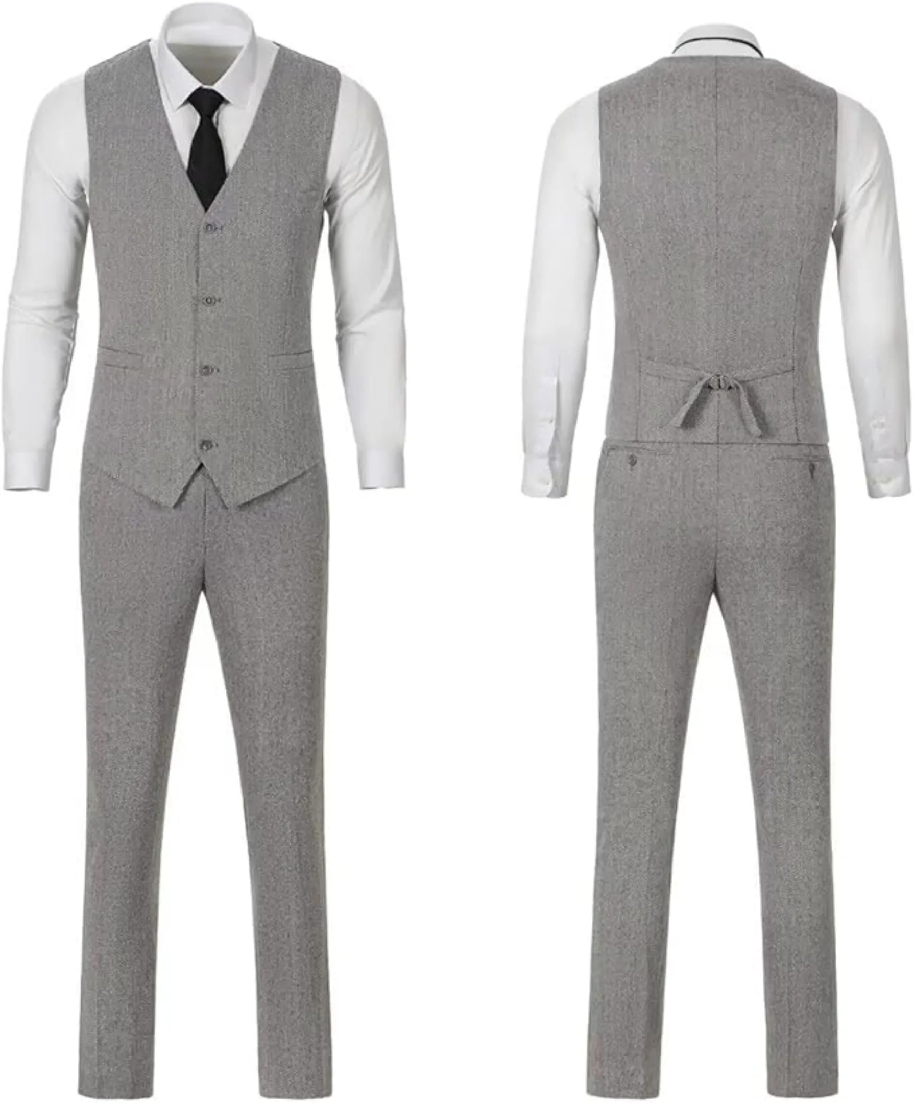 light gray herringbone 3-piece suit set with vest and pants, front and back view, styled with white shirt and black tie.