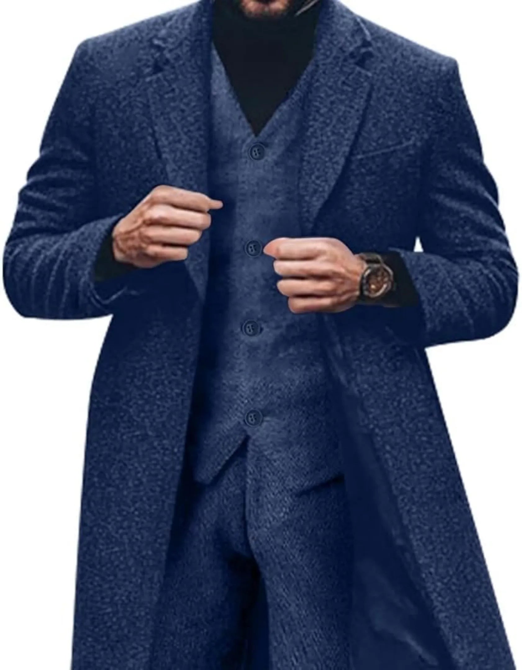 navy herringbone long blazer 3 piece suit styled with black turtleneck, model adjusting jacket front view, classic retro menswear.
