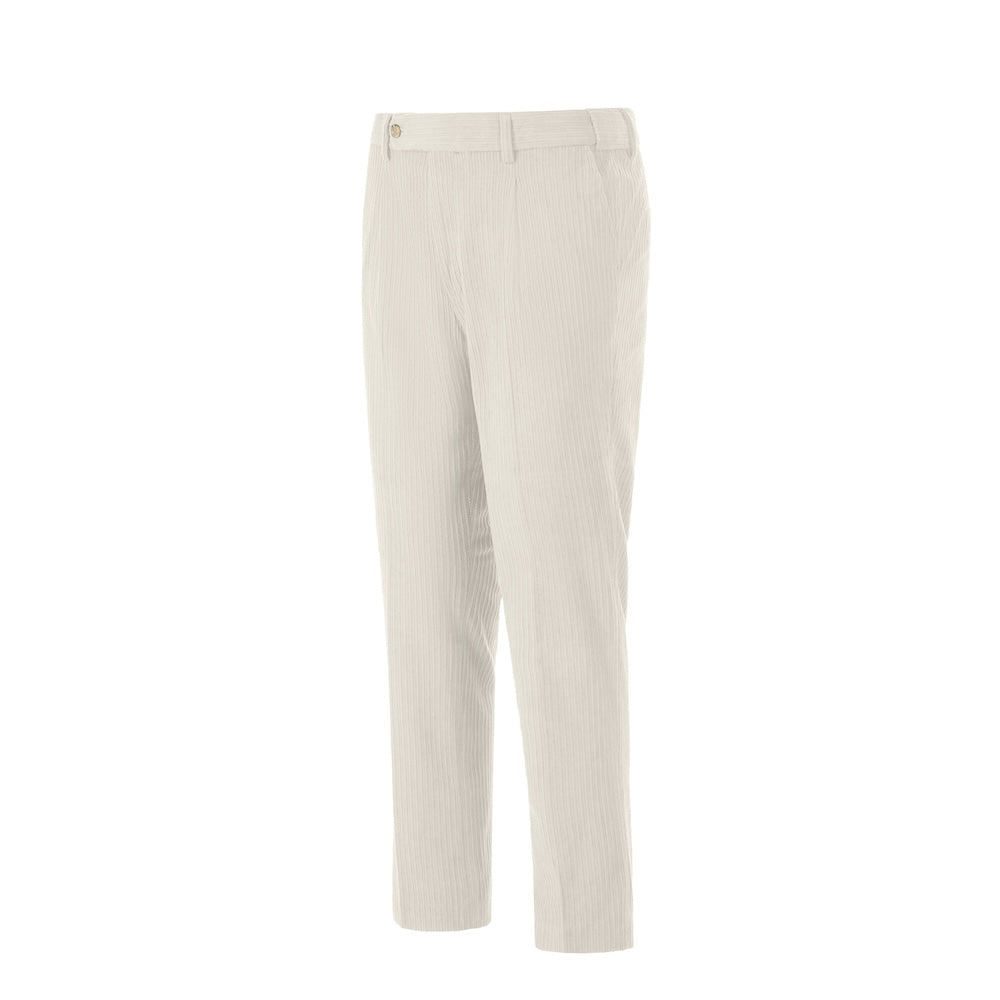 Side view of beige grey corduroy prom trousers – sleek formal cut for men