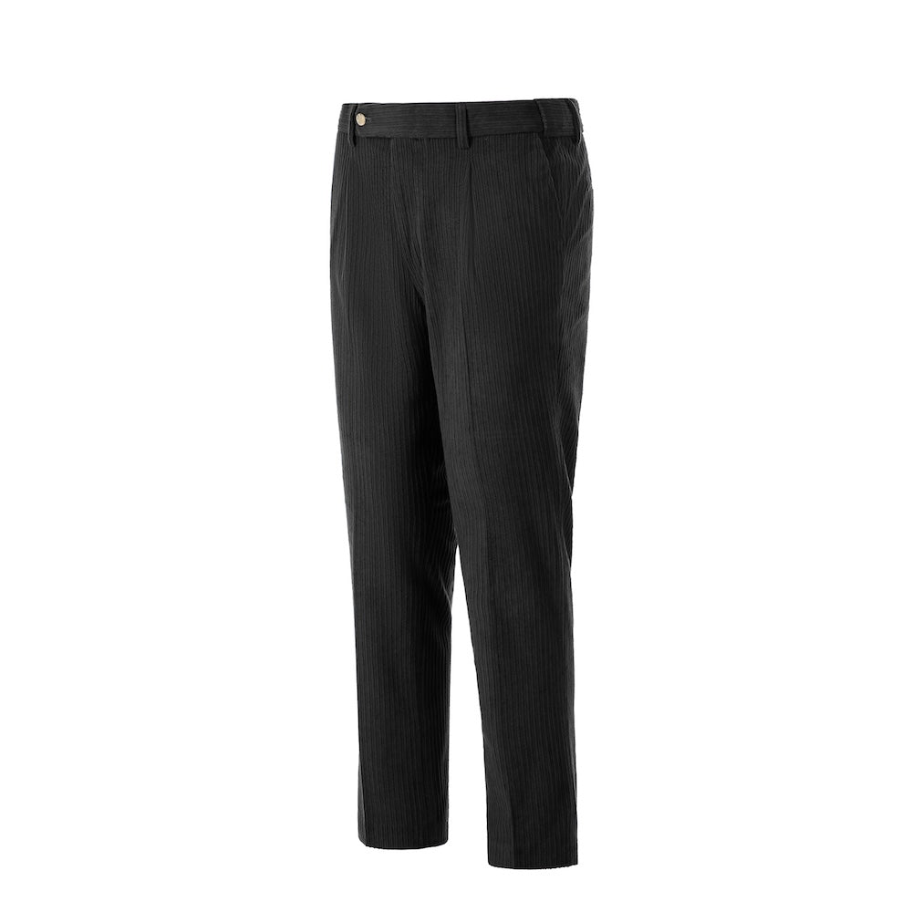 Side view of black corduroy prom trousers – sleek formal cut for men