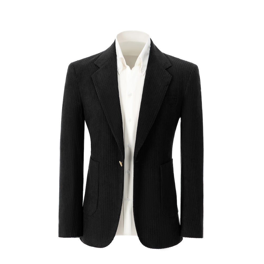Men's black corduroy prom blazer – front view of 2 piece exclusive suit