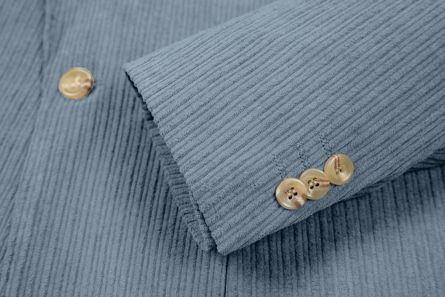 Cuff detail of blue corduroy prom blazer – formal sleeve with neat finish