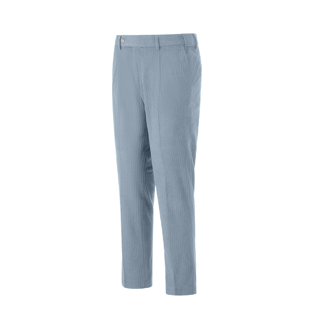 Side view of blue corduroy prom trousers – sleek formal cut for men