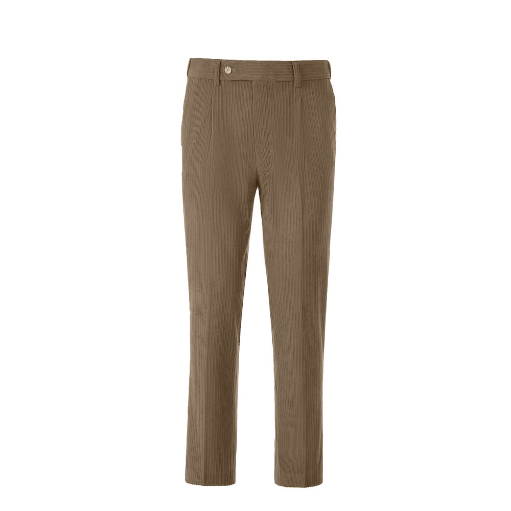Front view of men's brown prom pants – slim fit corduroy with classic design