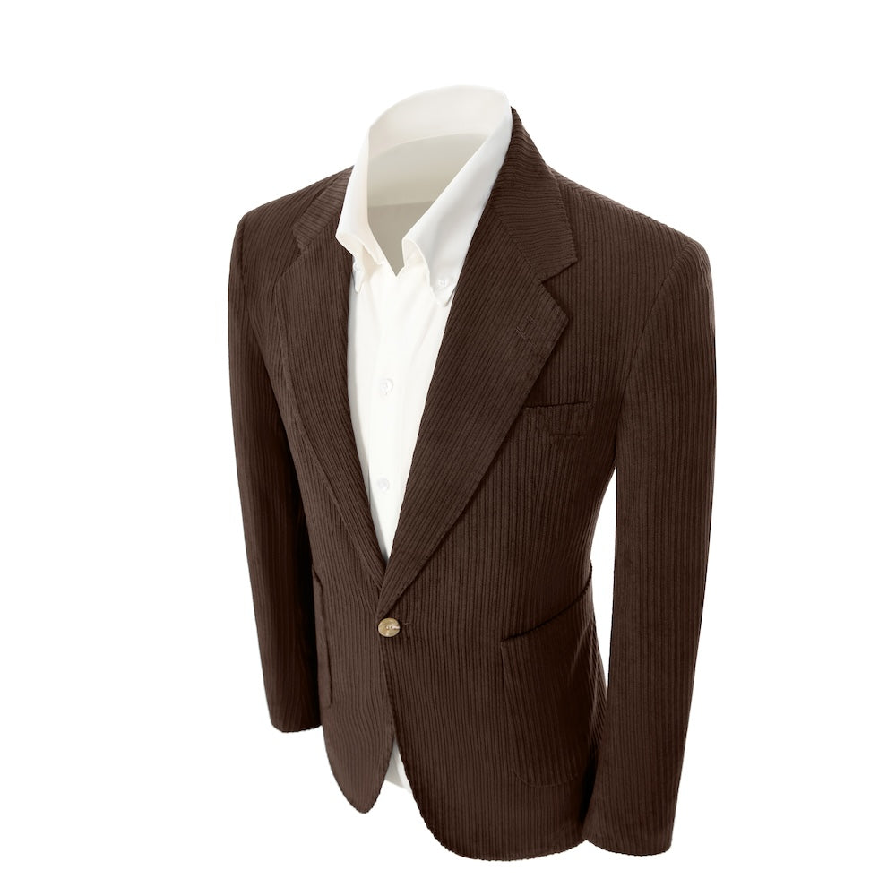 Left side of coffee corduroy prom blazer – casual peak lapel party look