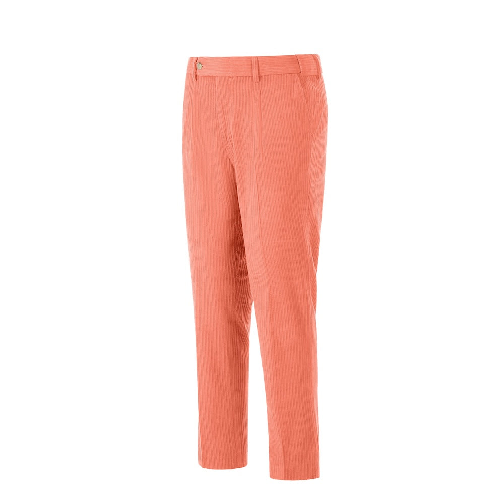 Side view of coral corduroy prom trousers – sleek formal cut for men