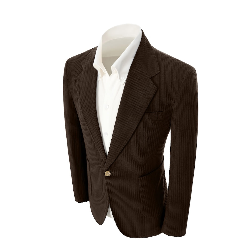 Left side of dark coffee corduroy prom blazer – casual peak lapel party look