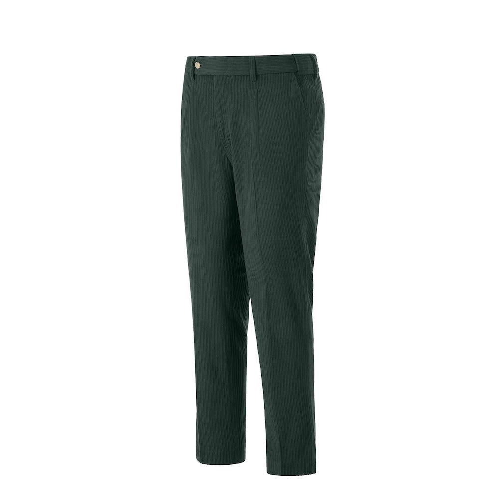 Side view of dark green corduroy prom trousers – sleek formal cut for men