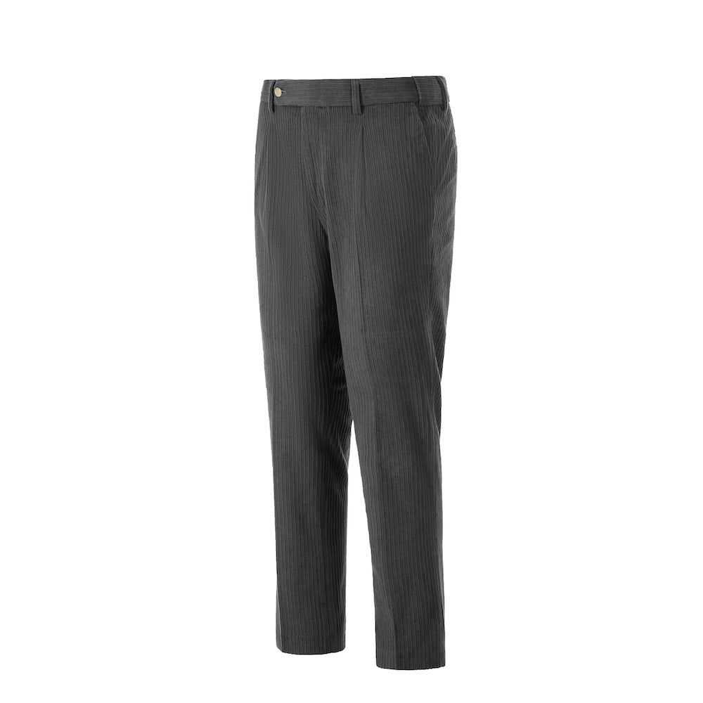 Side view of dark grey corduroy prom trousers – sleek formal cut for men