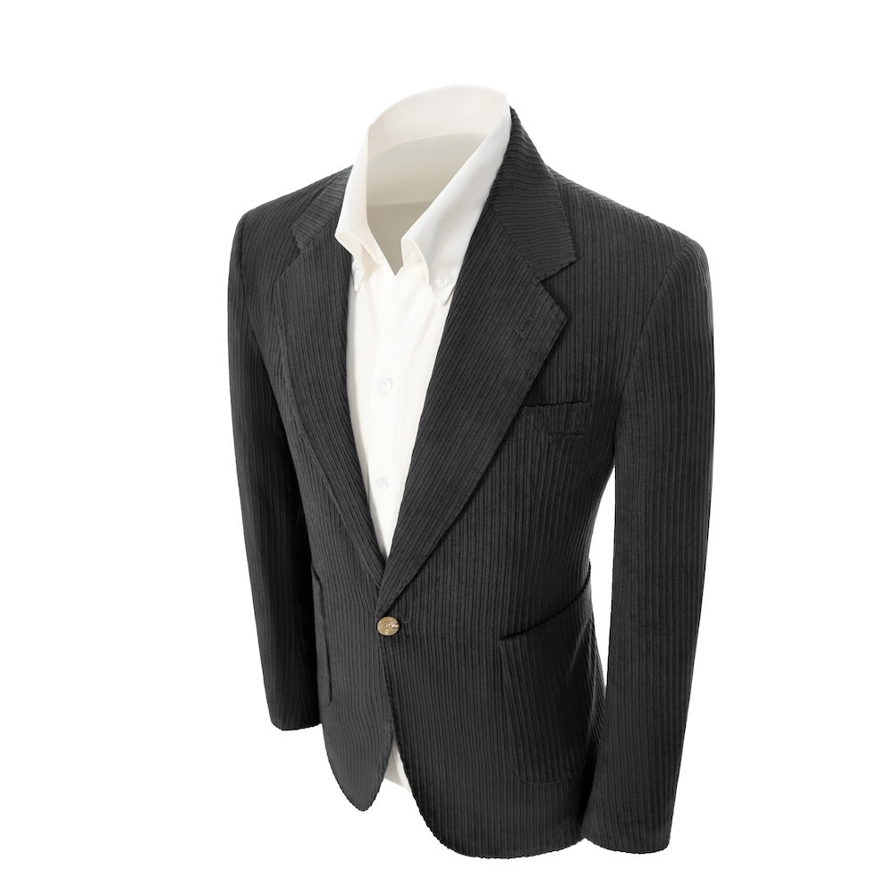 Left side of dark grey corduroy prom blazer – casual peak lapel party look