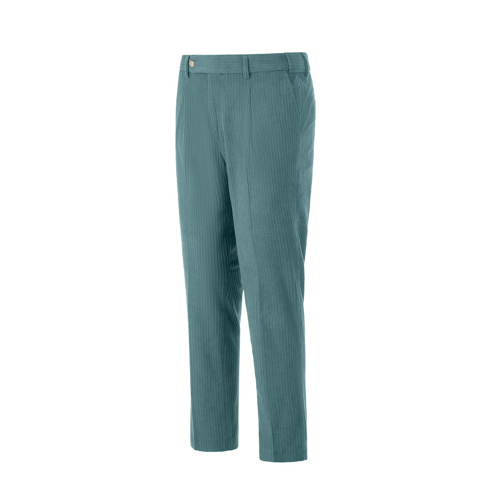 Side view of fruit green corduroy prom trousers – sleek formal cut for men