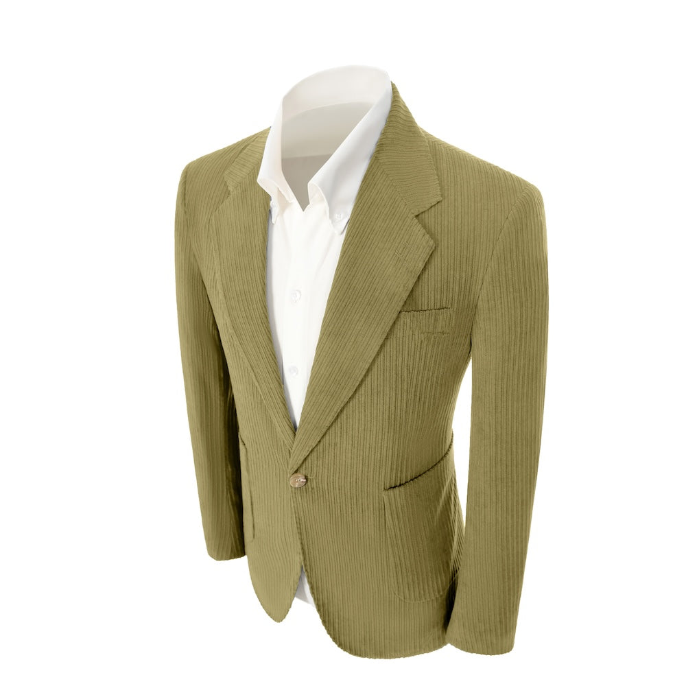 Left side of green corduroy prom blazer – casual peak lapel party look