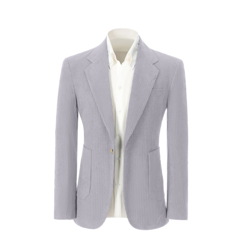 Men's grey purple corduroy blazer – front view of winter 2 piece tailored suit