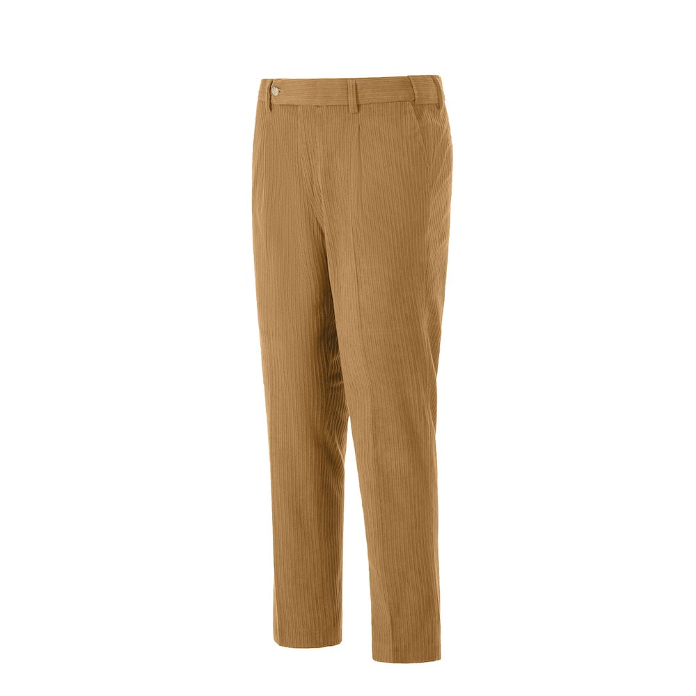 Side view of khaki yellow corduroy prom trousers – sleek formal cut for men