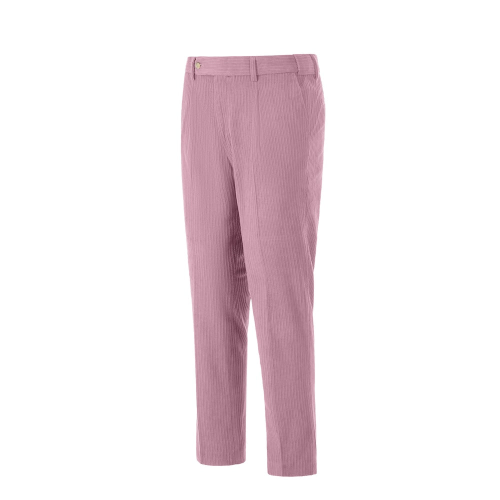 Side view of leather pink corduroy trousers – casual cut with seasonal texture