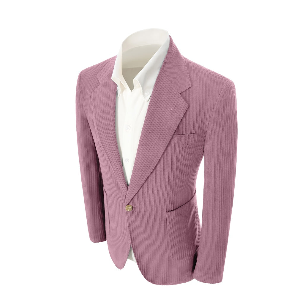 Left side of leather pink corduroy prom blazer – casual peak lapel party look
