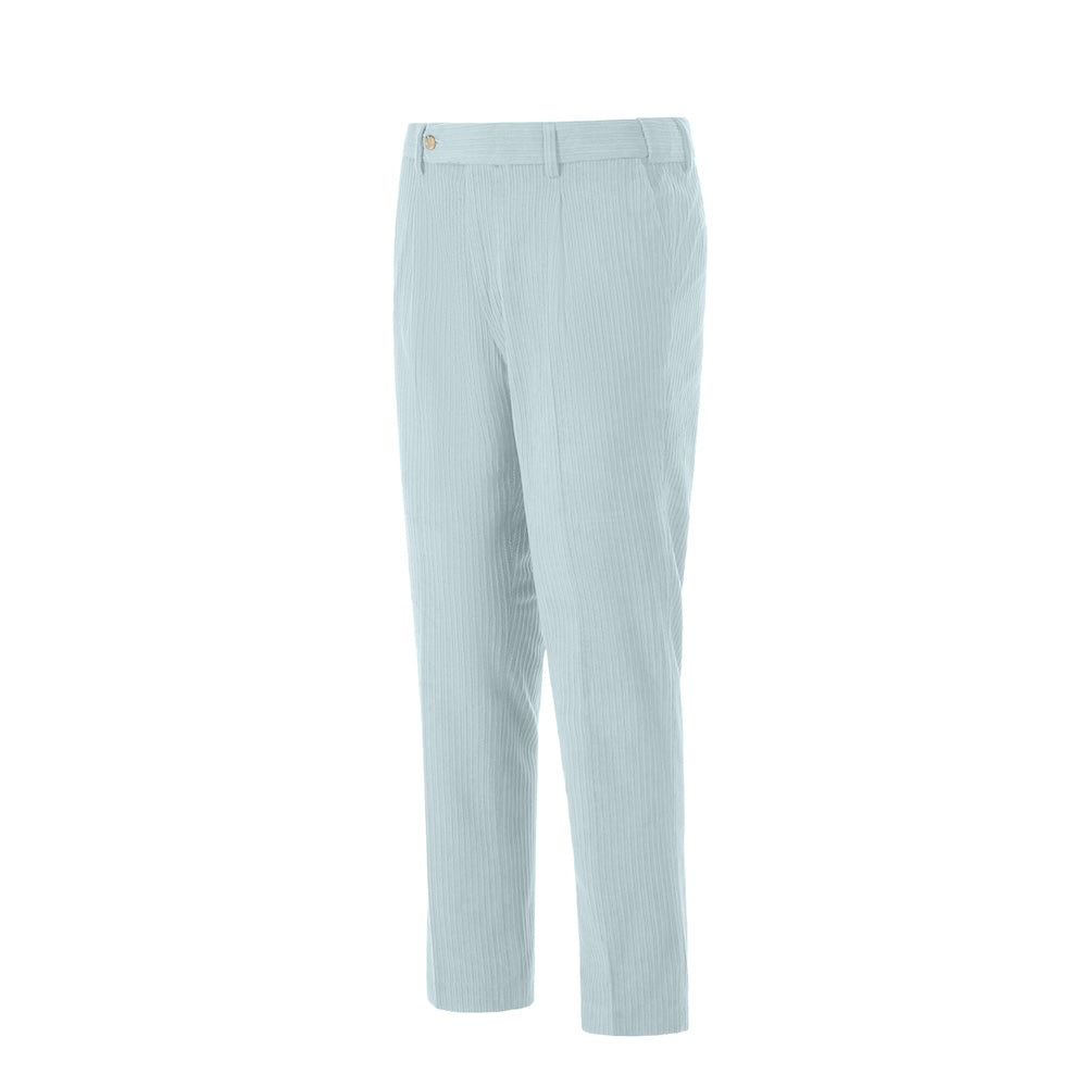 Side view of light blue corduroy prom trousers – sleek formal cut for men