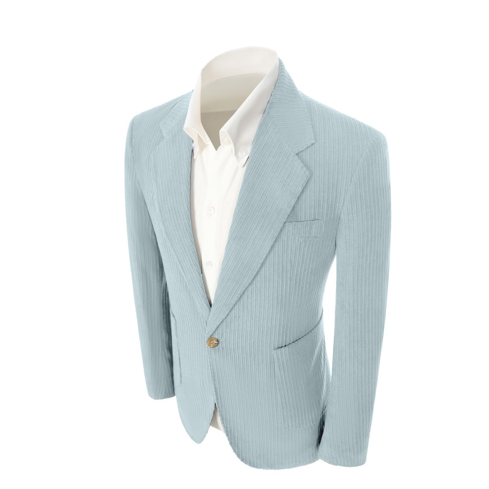 Left side of light blue corduroy prom blazer – casual peak lapel party look