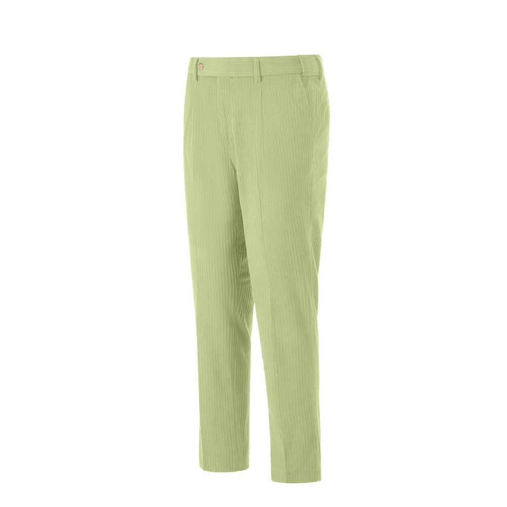 Side view of light green corduroy prom trousers – sleek formal cut for men