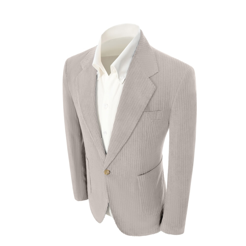 Left side of light grey corduroy prom blazer – casual peak lapel party look
