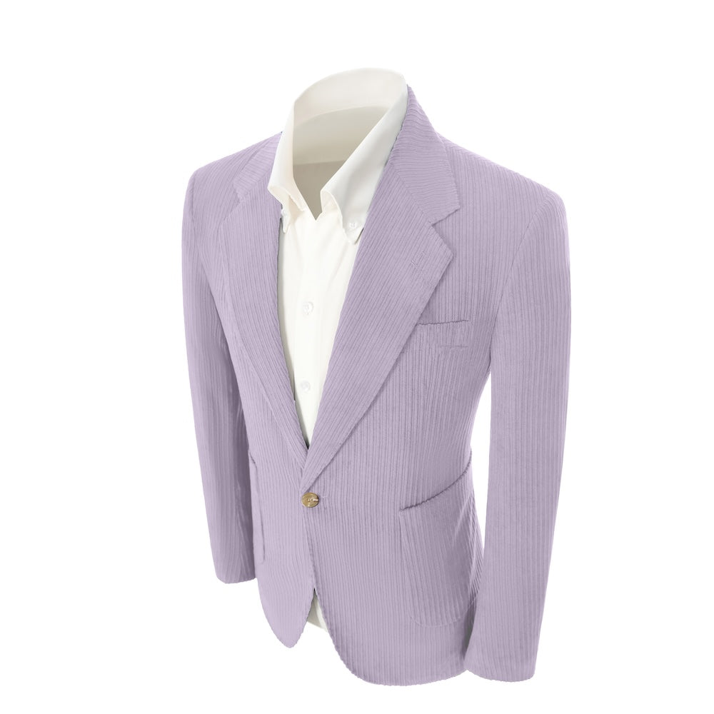 Left side of light purple corduroy prom blazer – casual peak lapel party look
