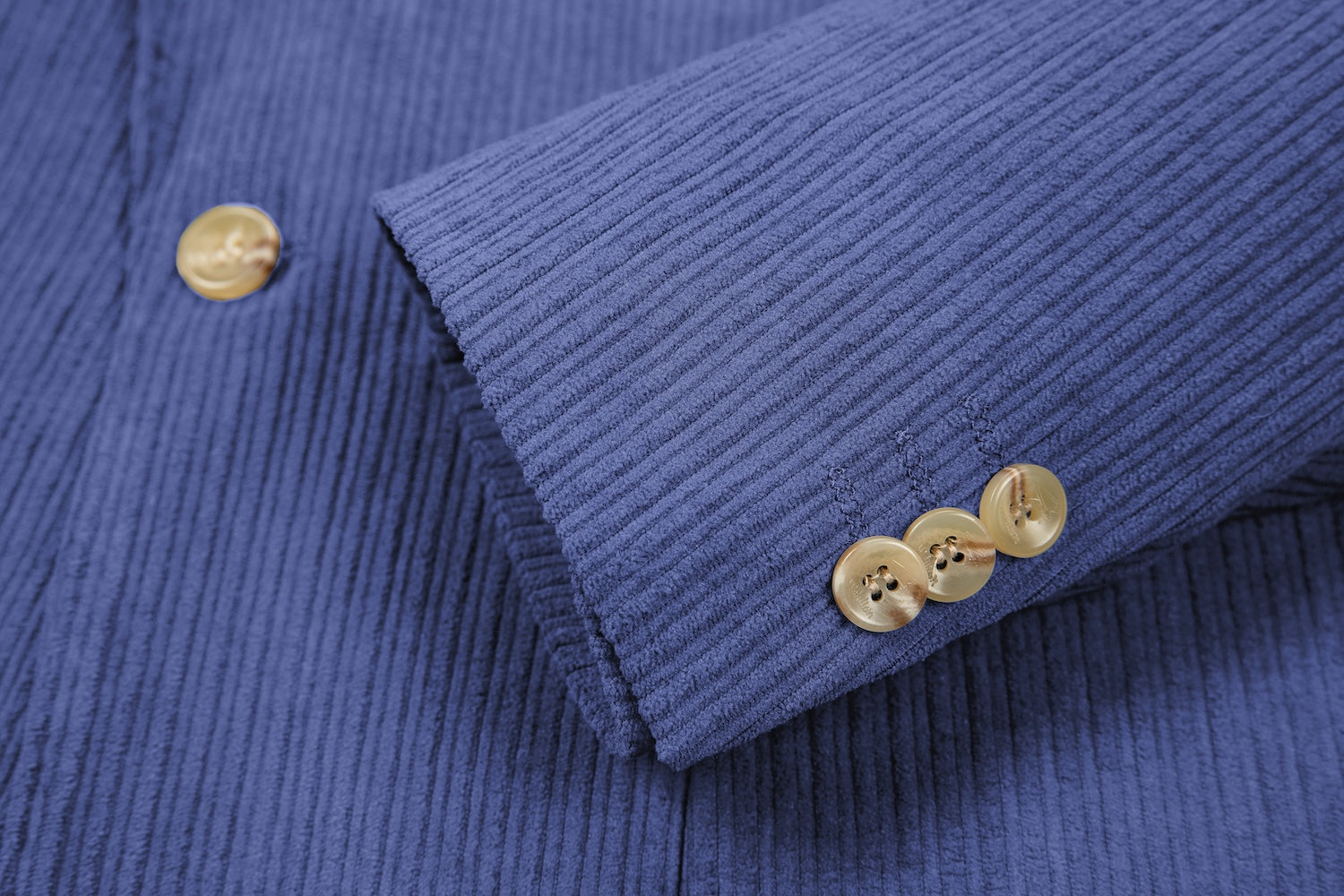 Cuff detail of light royal blue corduroy prom blazer – formal sleeve with neat finish