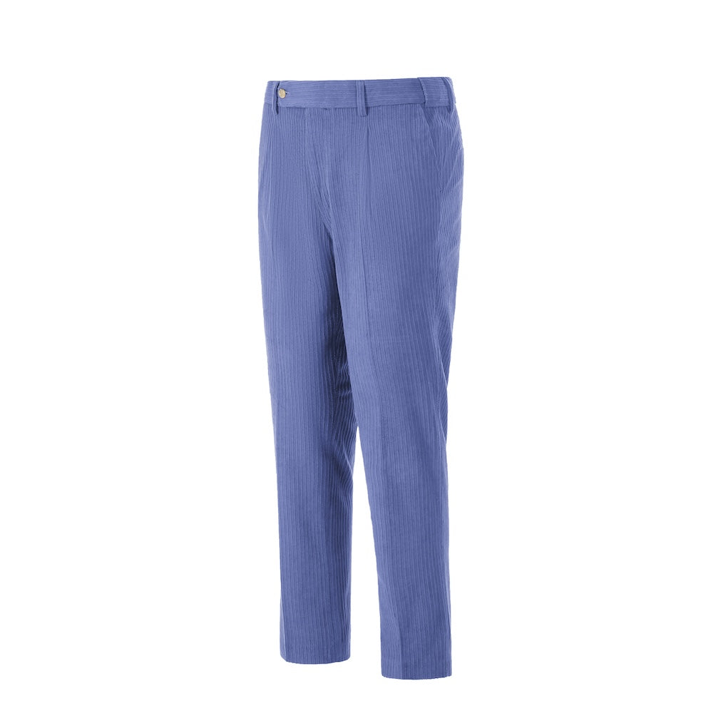 Side view of light royal blue corduroy prom trousers – sleek formal cut for men