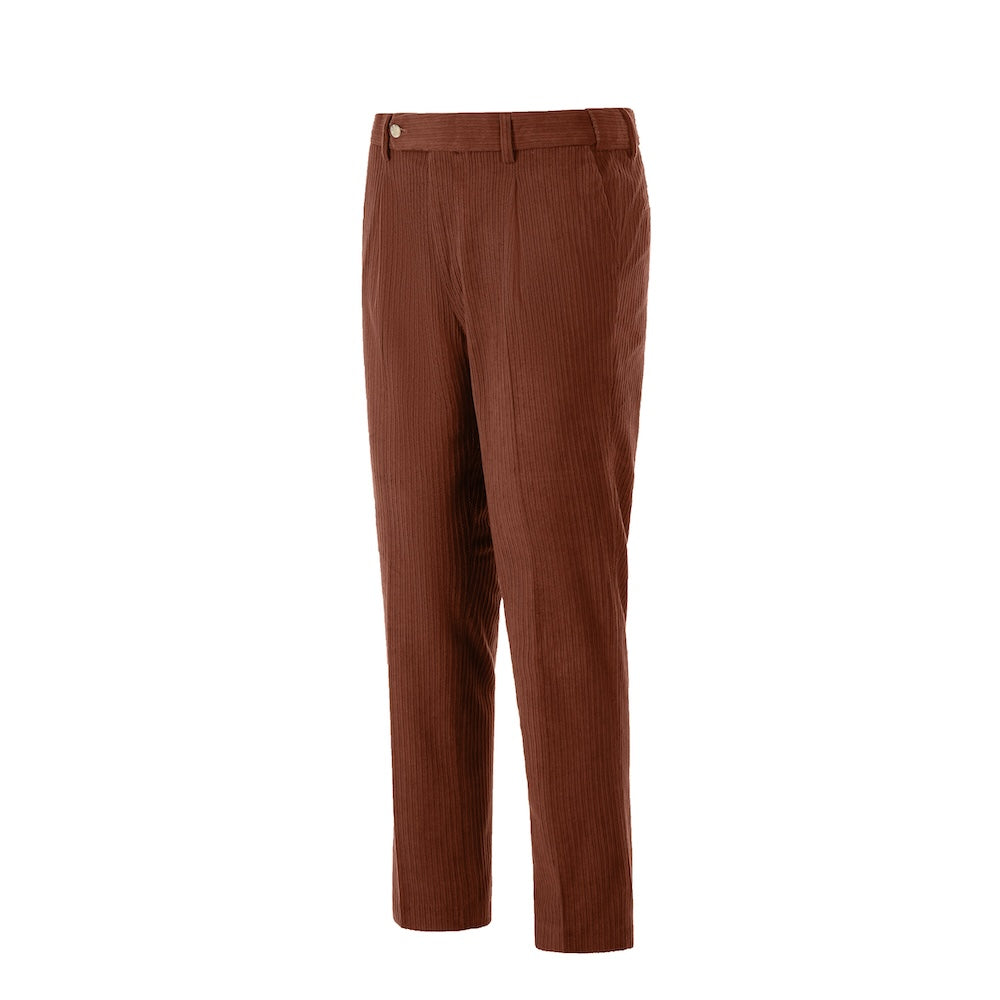 Side view of light wine red corduroy prom trousers – sleek formal cut for men