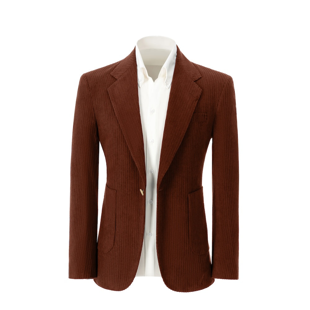 Men's light wine red corduroy prom blazer – front view of 2 piece exclusive suit