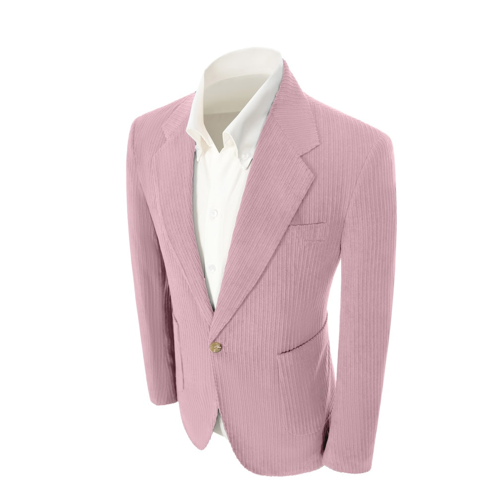 Left side of pink corduroy prom blazer – casual peak lapel party look