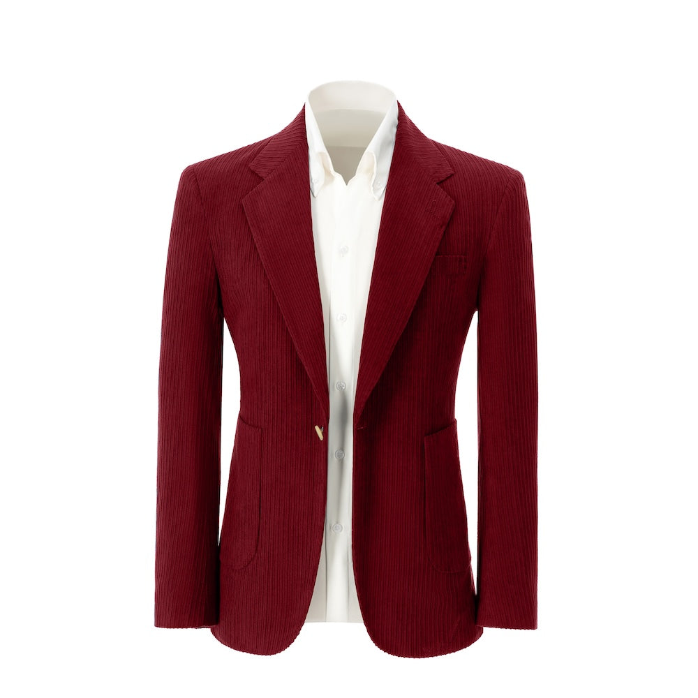 Men's retro red corduroy blazer – front view of winter 2 piece tailored suit