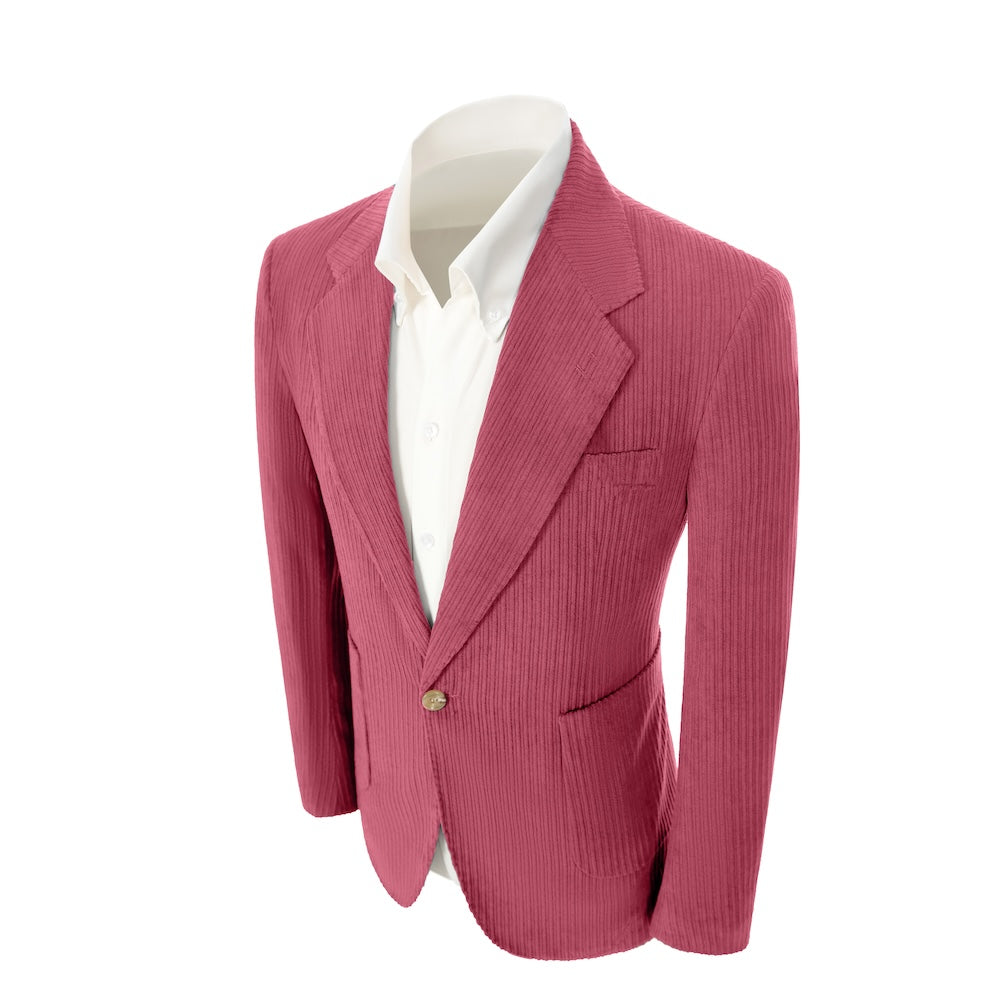 Left side of rose red corduroy prom blazer – casual peak lapel party look