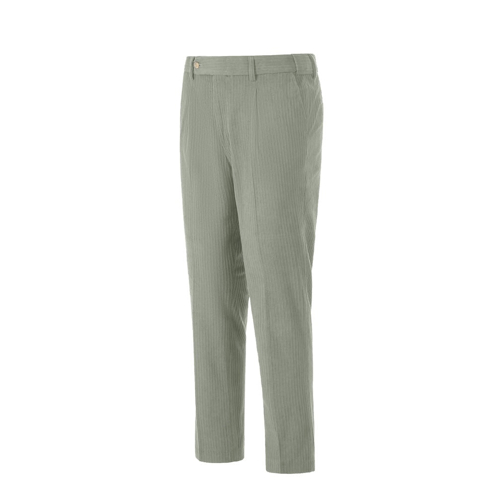 Side view of sage green corduroy prom trousers – sleek formal cut for men