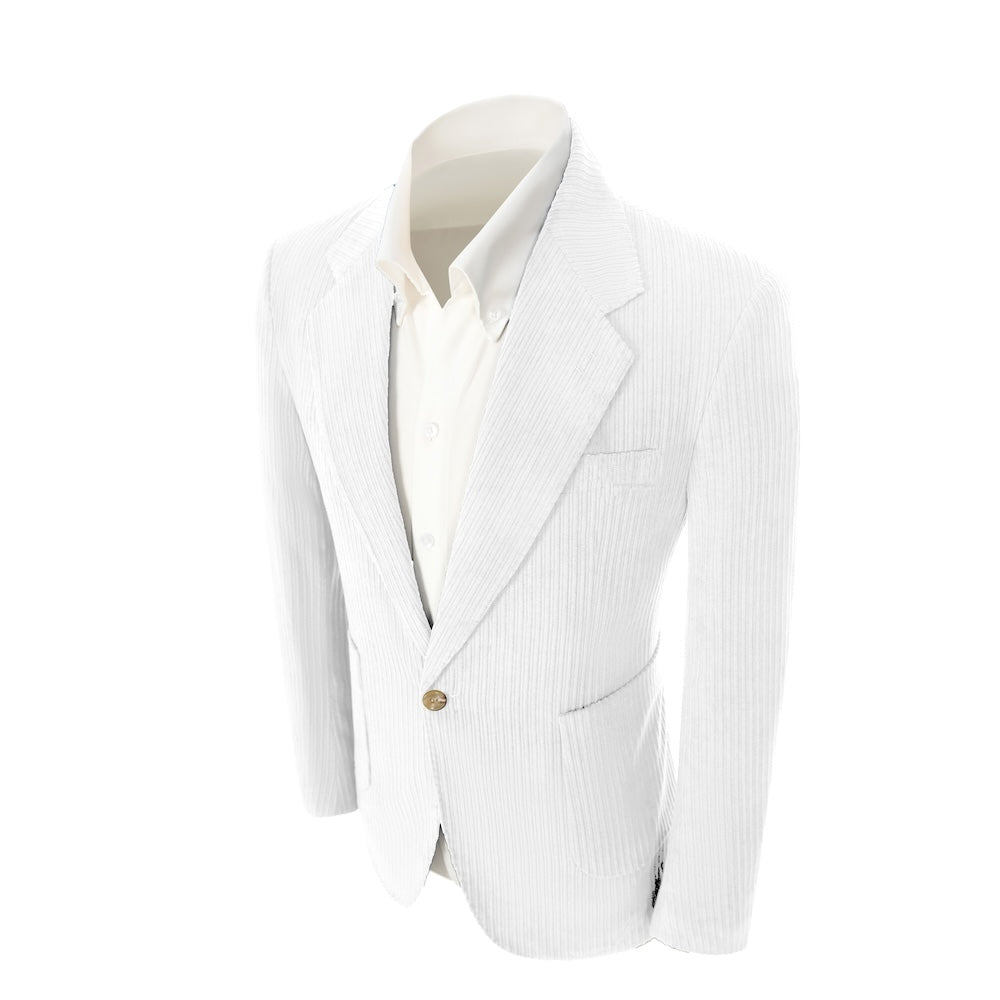 Left side of white corduroy prom blazer – casual peak lapel party look