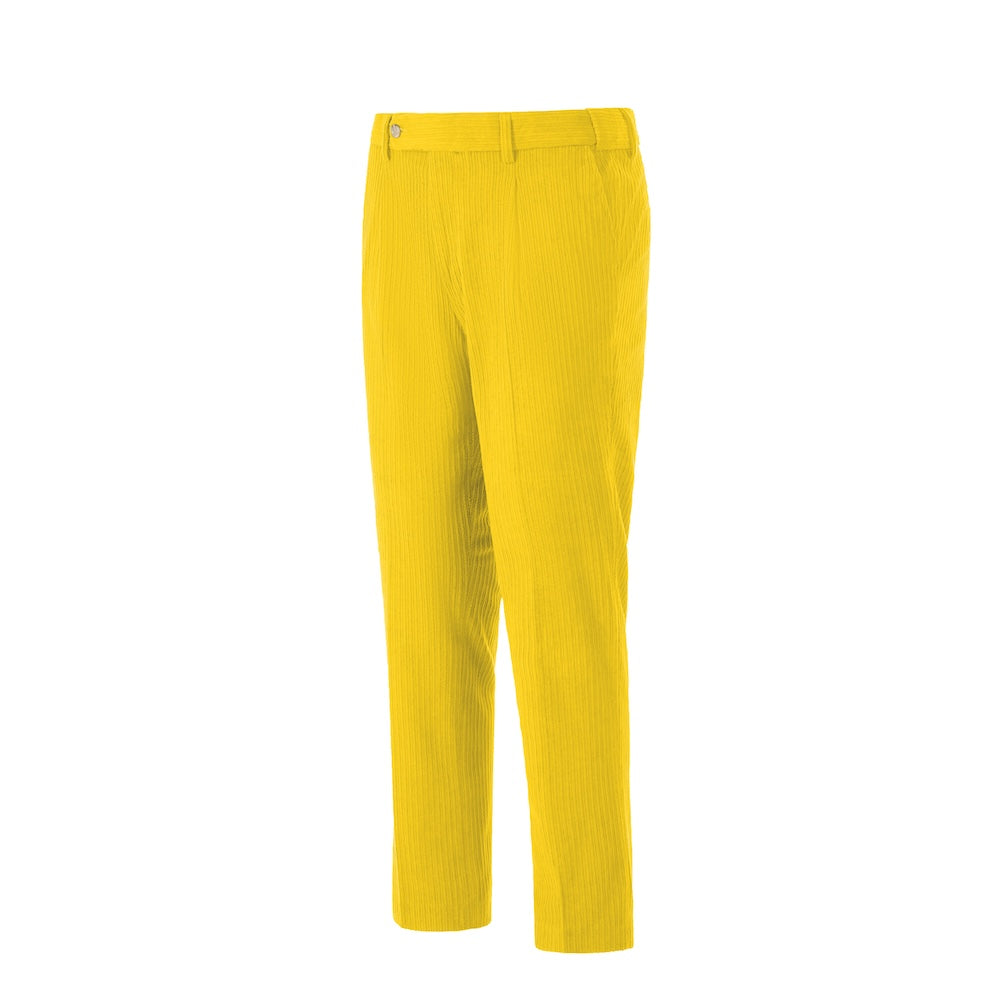 Side view of yellow corduroy prom trousers – sleek formal cut for men