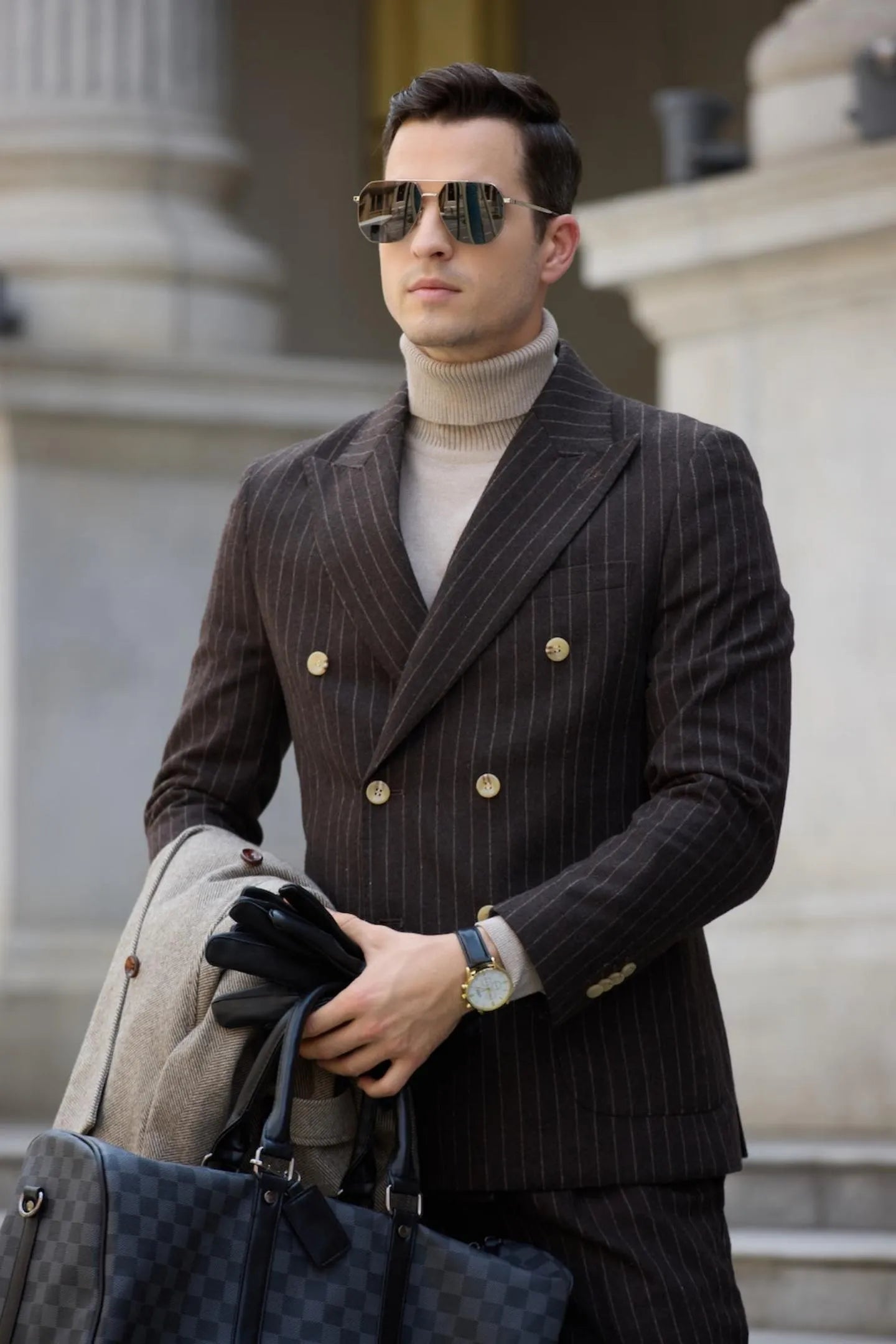 Front view of men's coffee herringbone chalk stripe double-breasted suit – showcasing the tailored fit and elegant cut for a refined look.