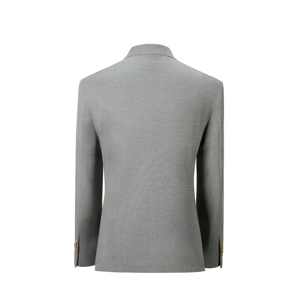 Back view of men's slim fit plaid blazer in grey with structured shoulders