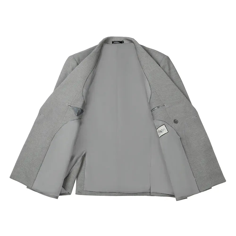 Interior view of men's double breasted blazer with full grey lining and inside pocket details