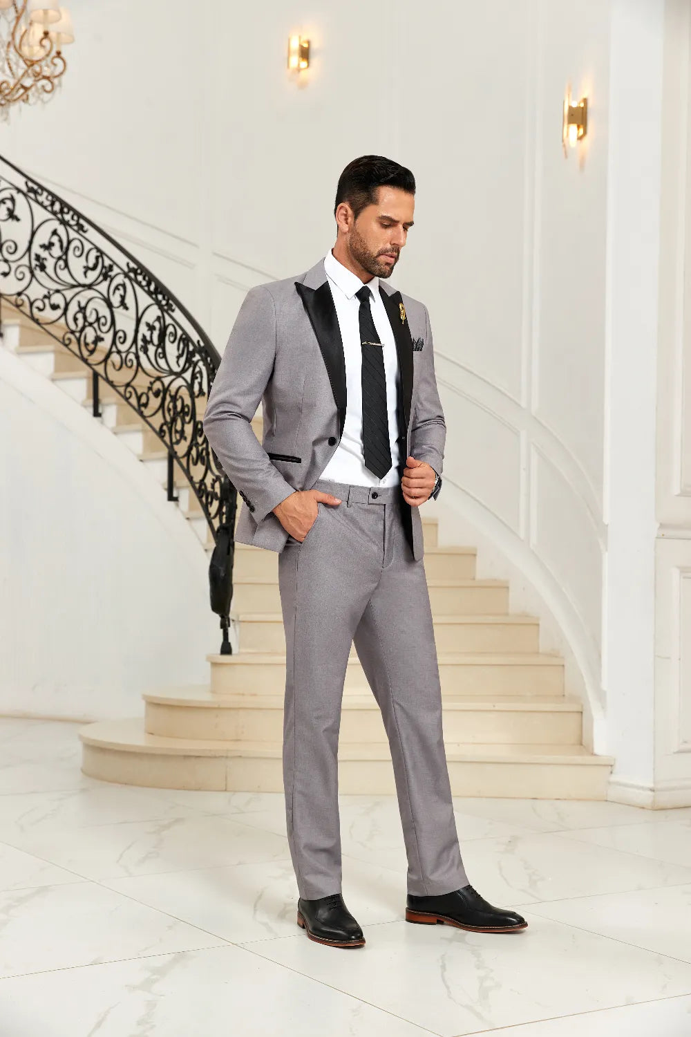 Men's Grey Unique Collar Party 2 Pieces Suits