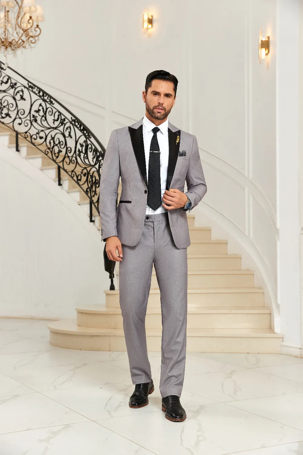 Men's Grey Unique Collar Party 2 Pieces Suits
