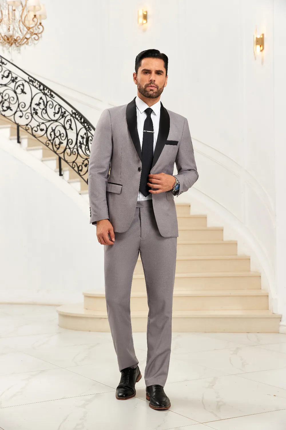 Men's Grey Unique Collar Party 2 Pieces Suits