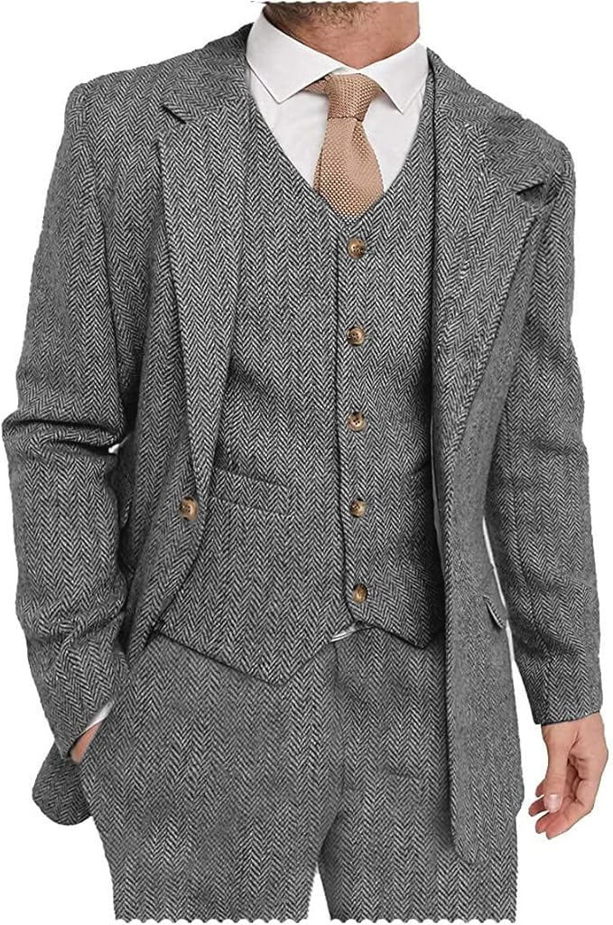 Grey herringbone tweed suit with notch lapel style, 3 piece mens suit shown in casual look