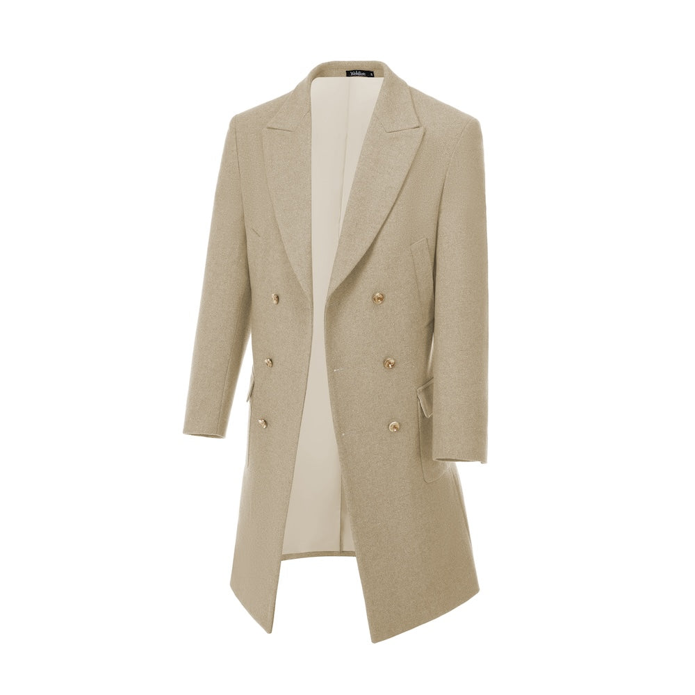 Beige double-breasted wool overcoat for men – side view