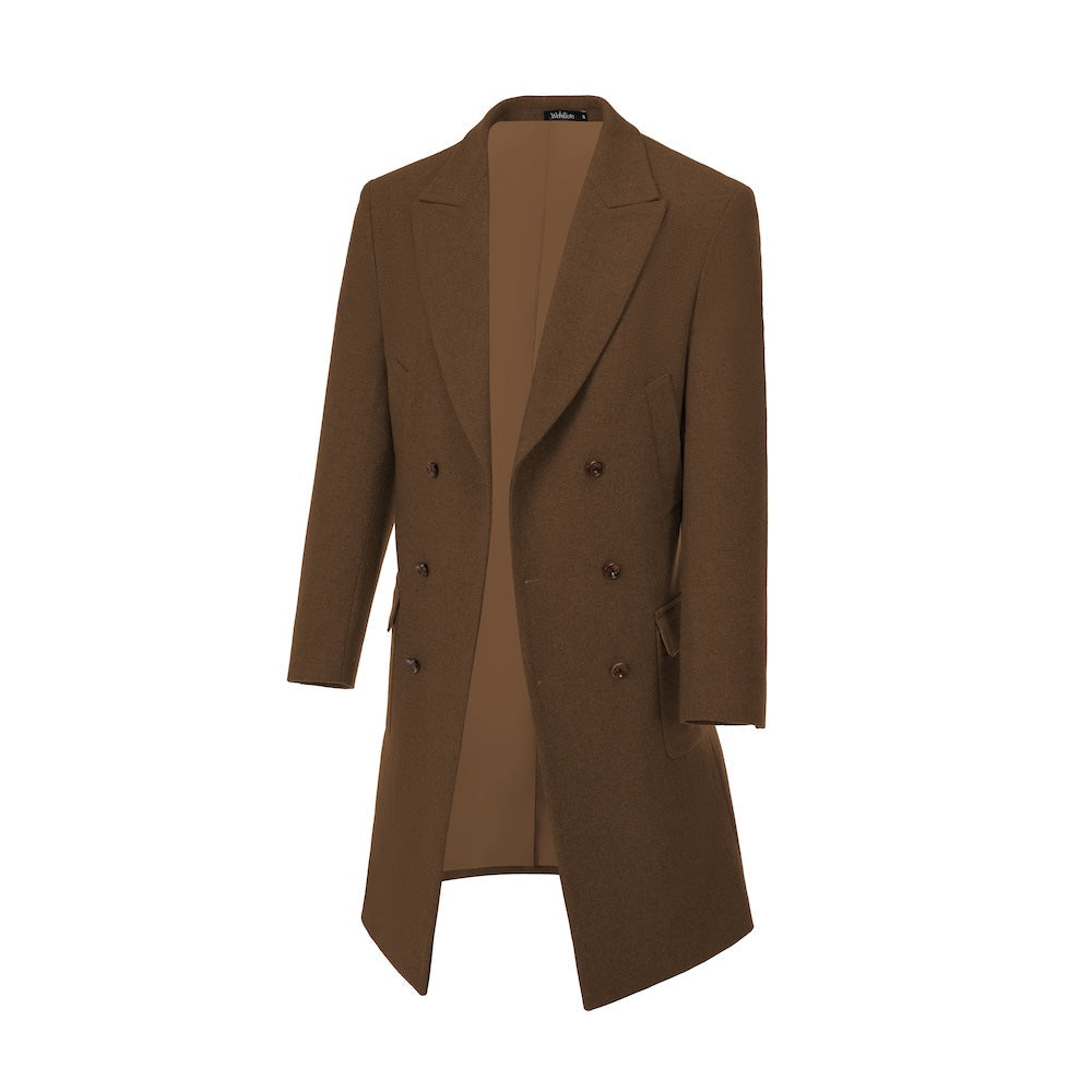 Brown double-breasted wool overcoat for men – side view