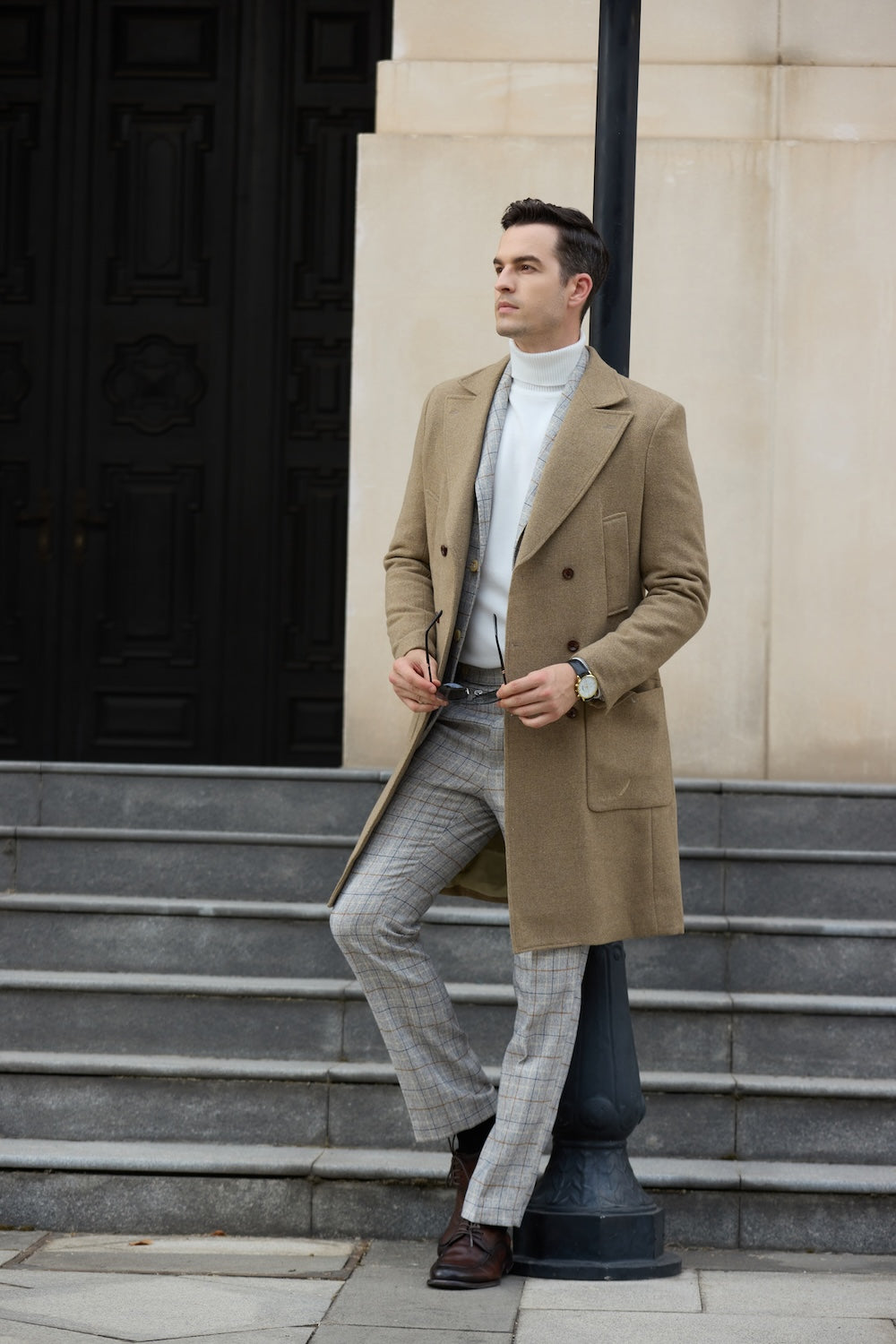 Khaki wool overcoat for men – double-breasted side view with sunglasses
