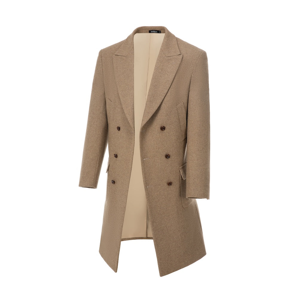 Khaki double-breasted wool overcoat for men – side view