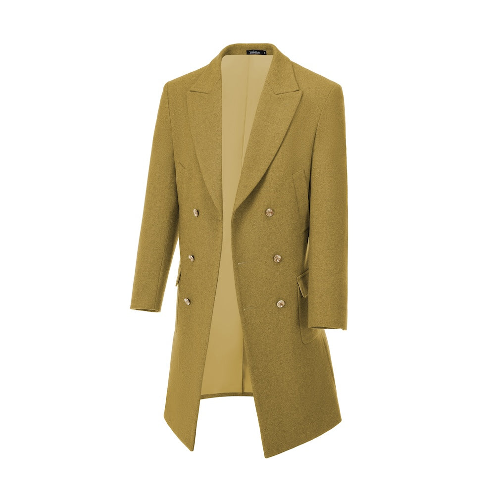 Yellow double-breasted wool overcoat for men – side view